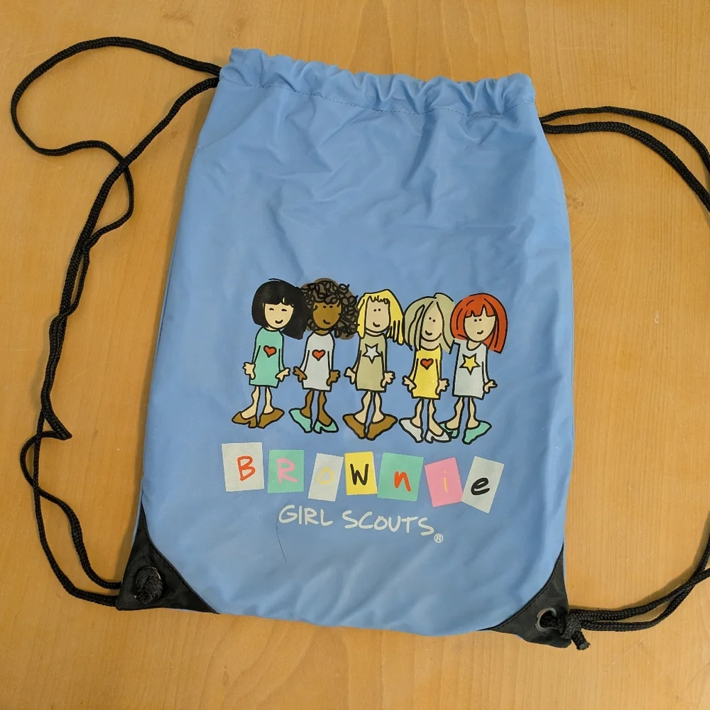 Girl Scouts Blue Drawstring Brownie Backpack & Patches